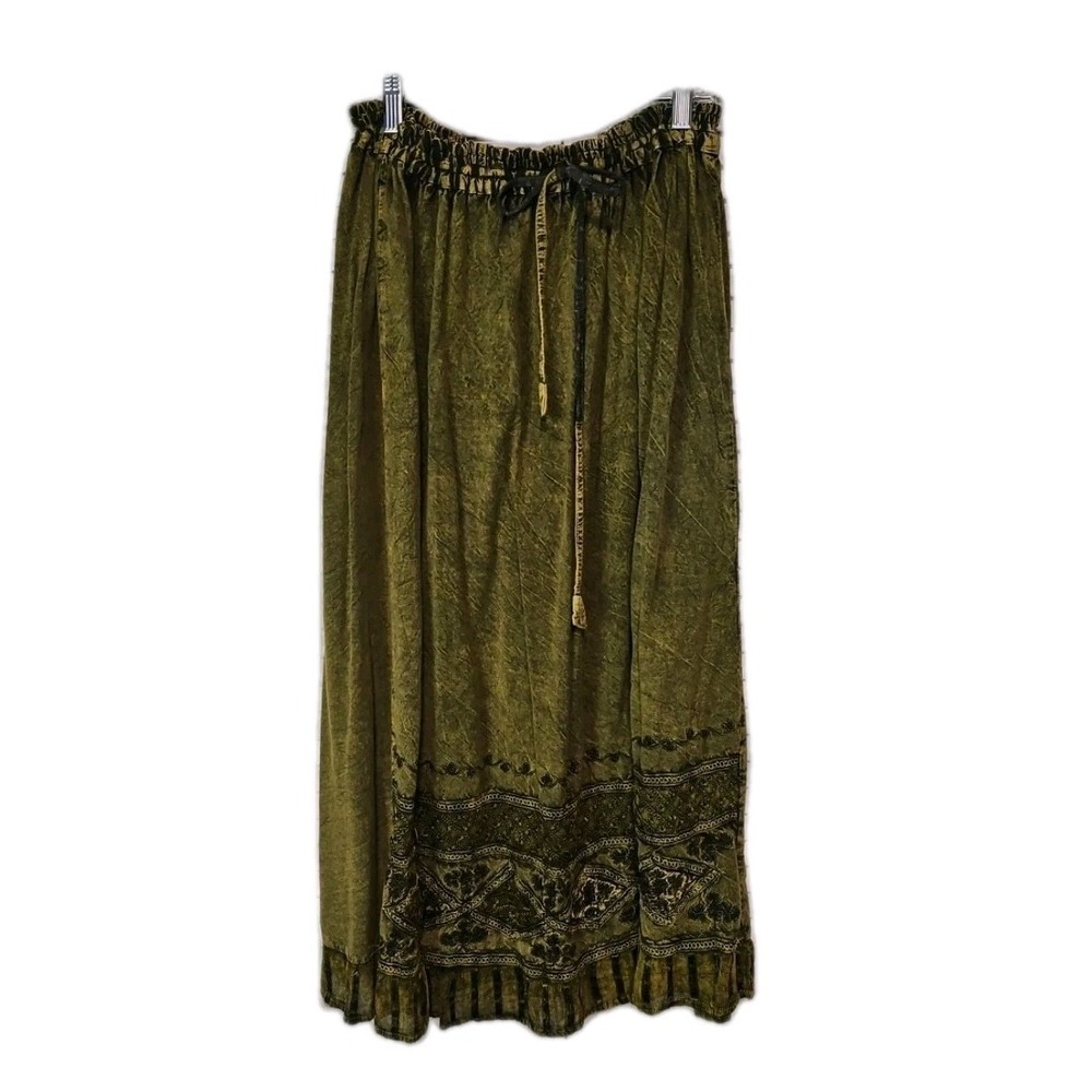Sacred Threads Women's Acid Wash Green Maxi Skirt Boho Festival Free Sz 34‎ Long